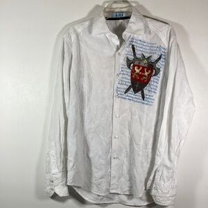 Roku Men Shirt Size M White Embroidered Graphic Shield Design Long Sleeve